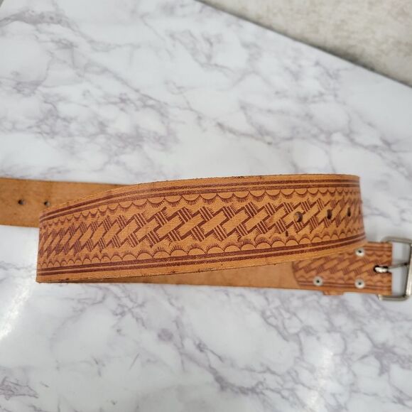 Vintage Tan Leather Tribal Western Wide Belt Native American Inspired main image 5